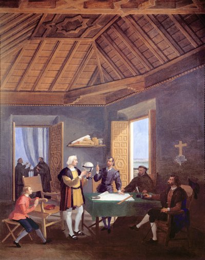 Christopher Columbus, accompanied by his son, Diego, explains his exploration plans to the prior of the Franciscan monastery of Santa Maria de la Rabida, the physician Garcia Fernandes and Alonso Pinz by Juan Cabral Bejarano